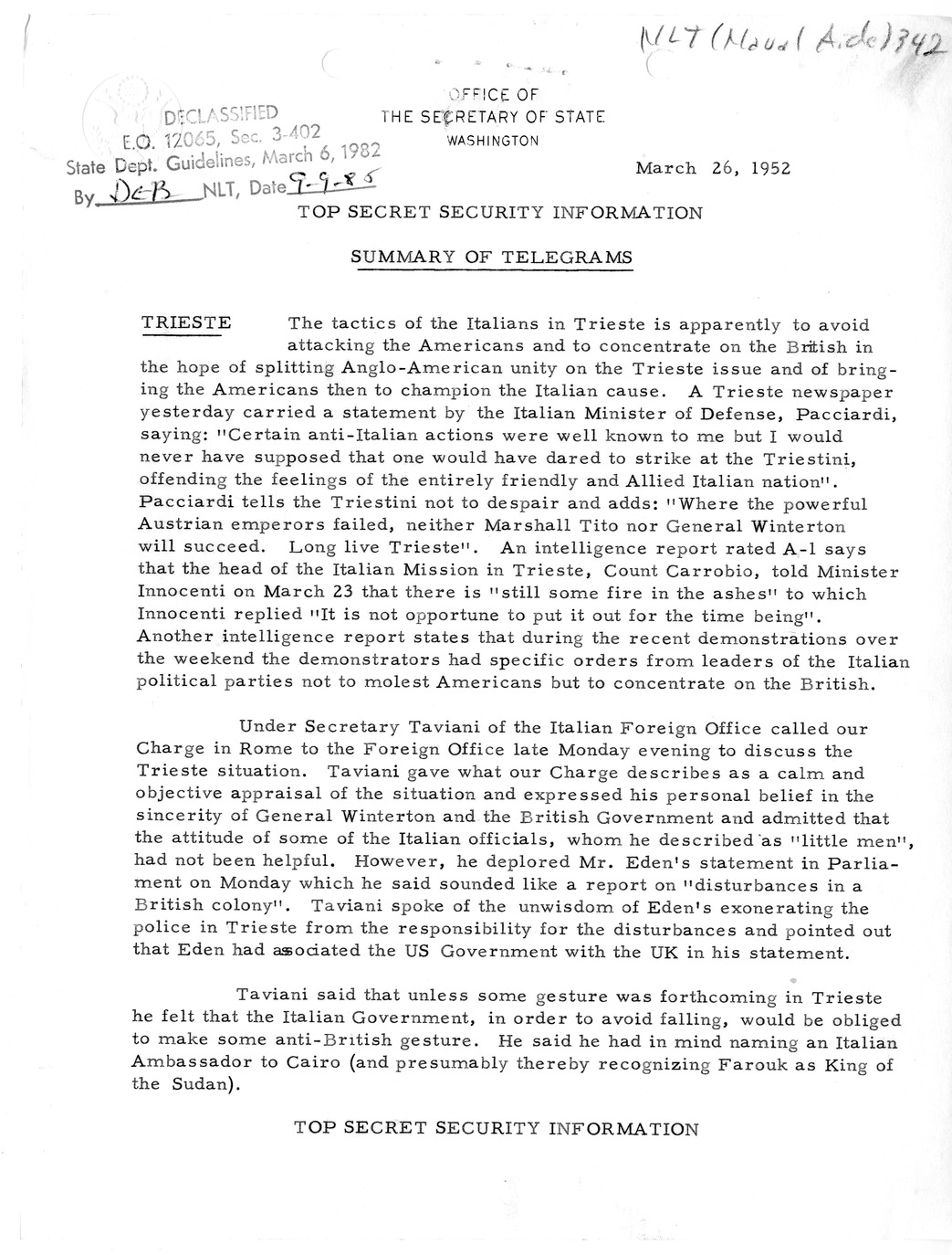 Memorandum, State Department Summary of Telegrams
