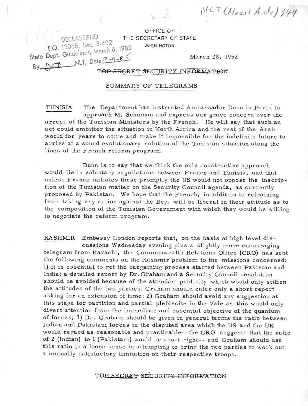 Memorandum, State Department Summary of Telegrams