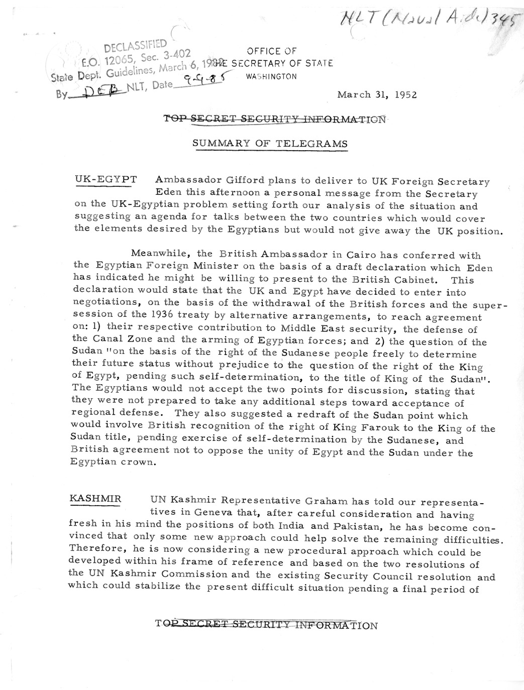 Memorandum, State Department Summary of Telegrams