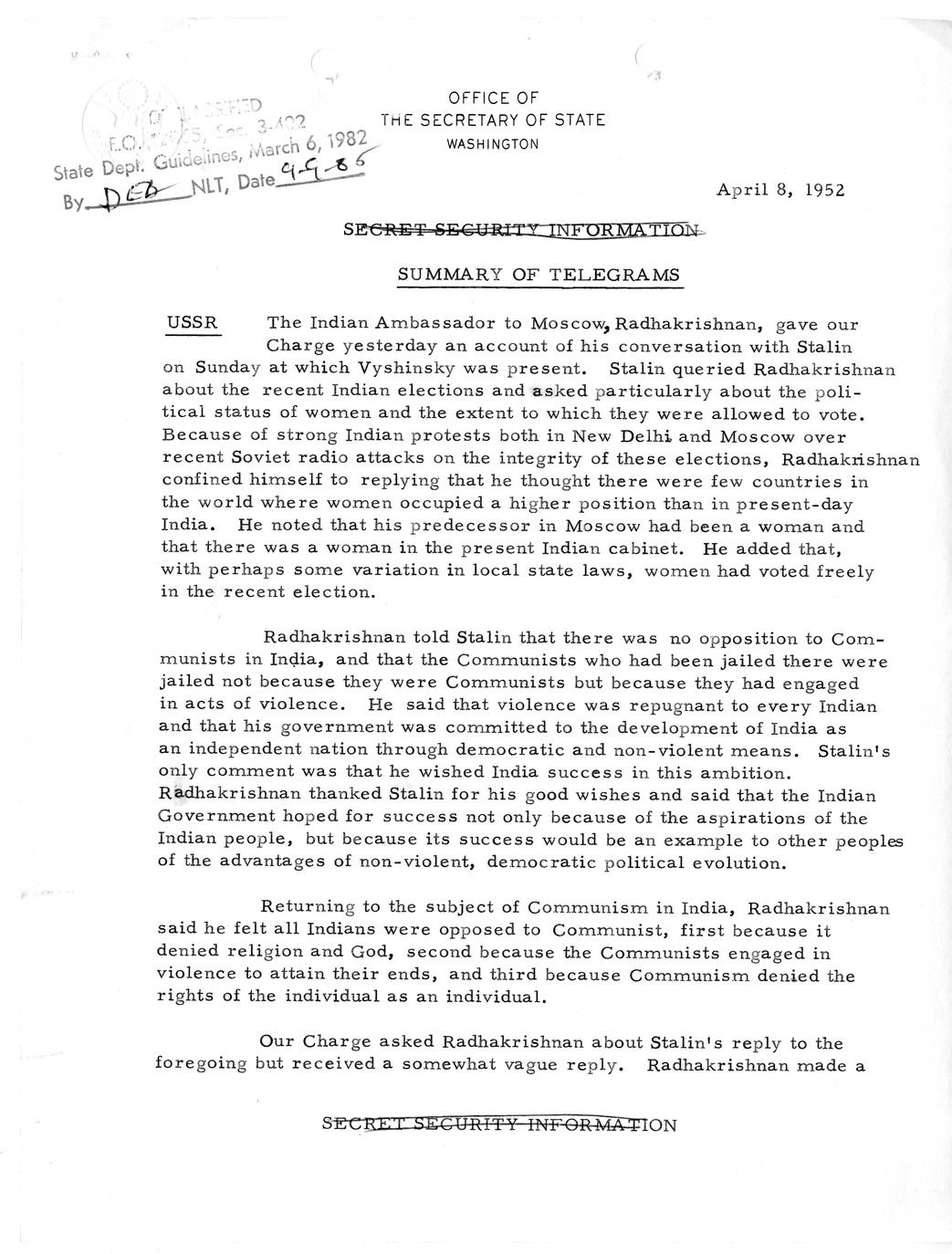 Memorandum, State Department Summary of Telegrams