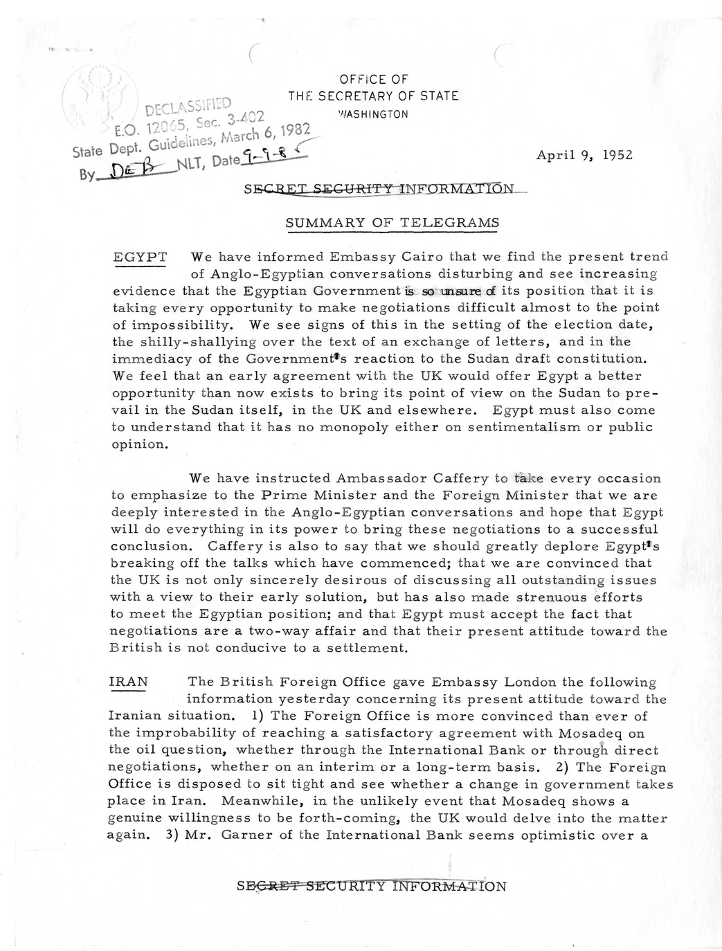 Memorandum, State Department Summary of Telegrams