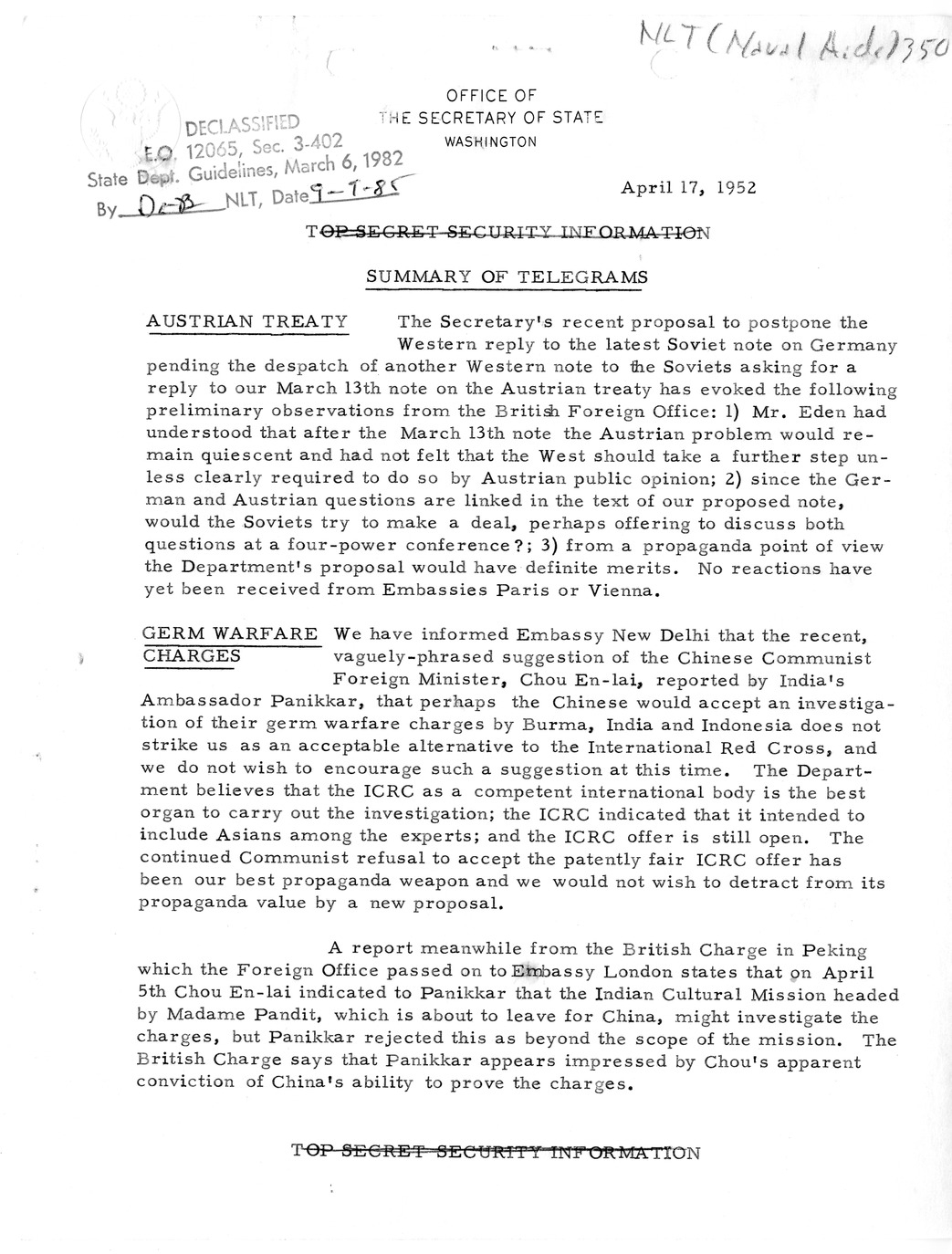 Memorandum, State Department Summary of Telegrams