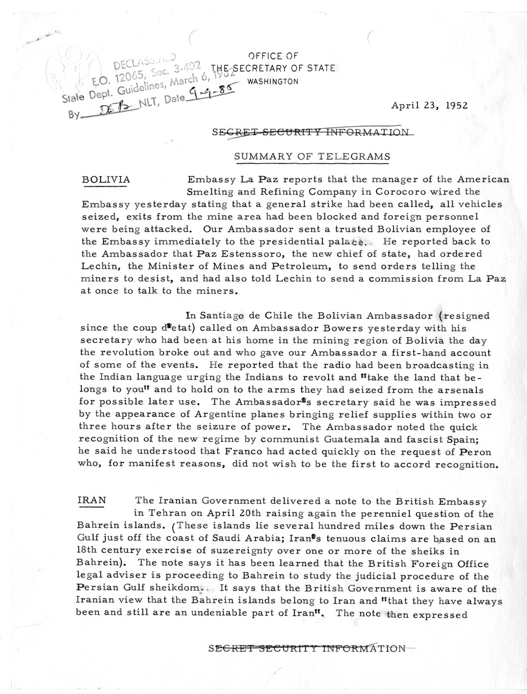 Memorandum, State Department Summary of Telegrams