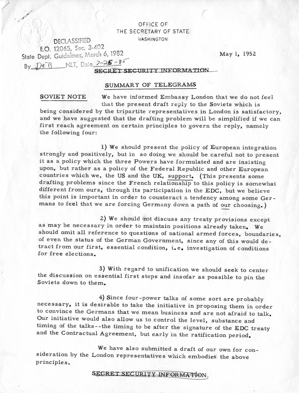 Memorandum, State Department Summary of Telegrams