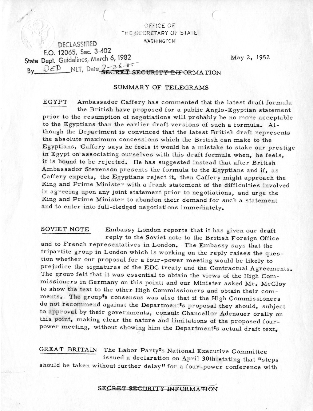 Memorandum, State Department Summary of Telegrams