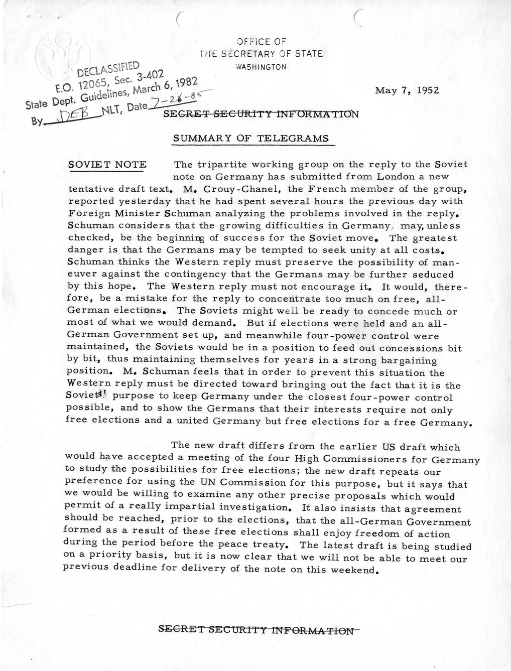 Memorandum, State Department Summary of Telegrams