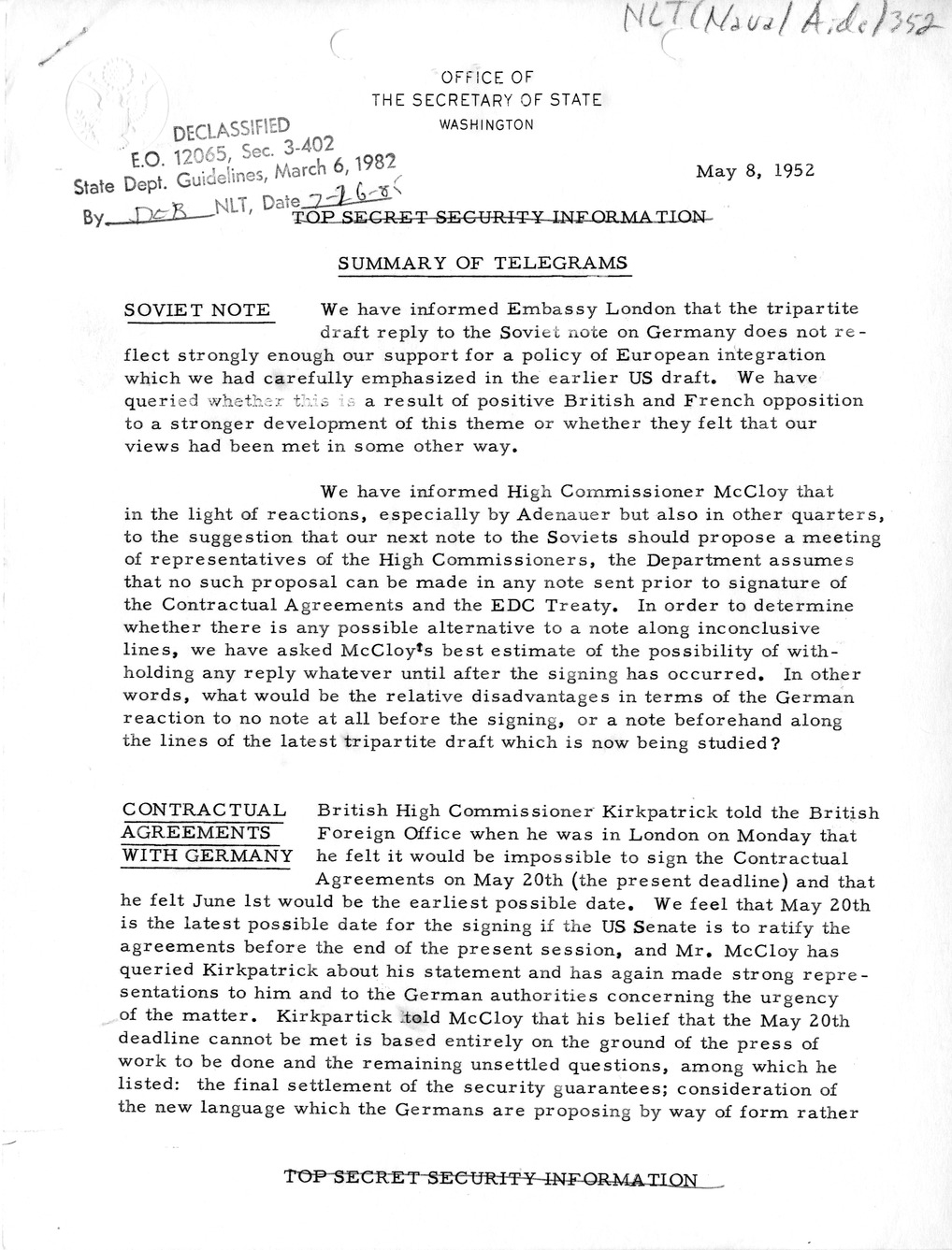 Memorandum, State Department Summary of Telegrams