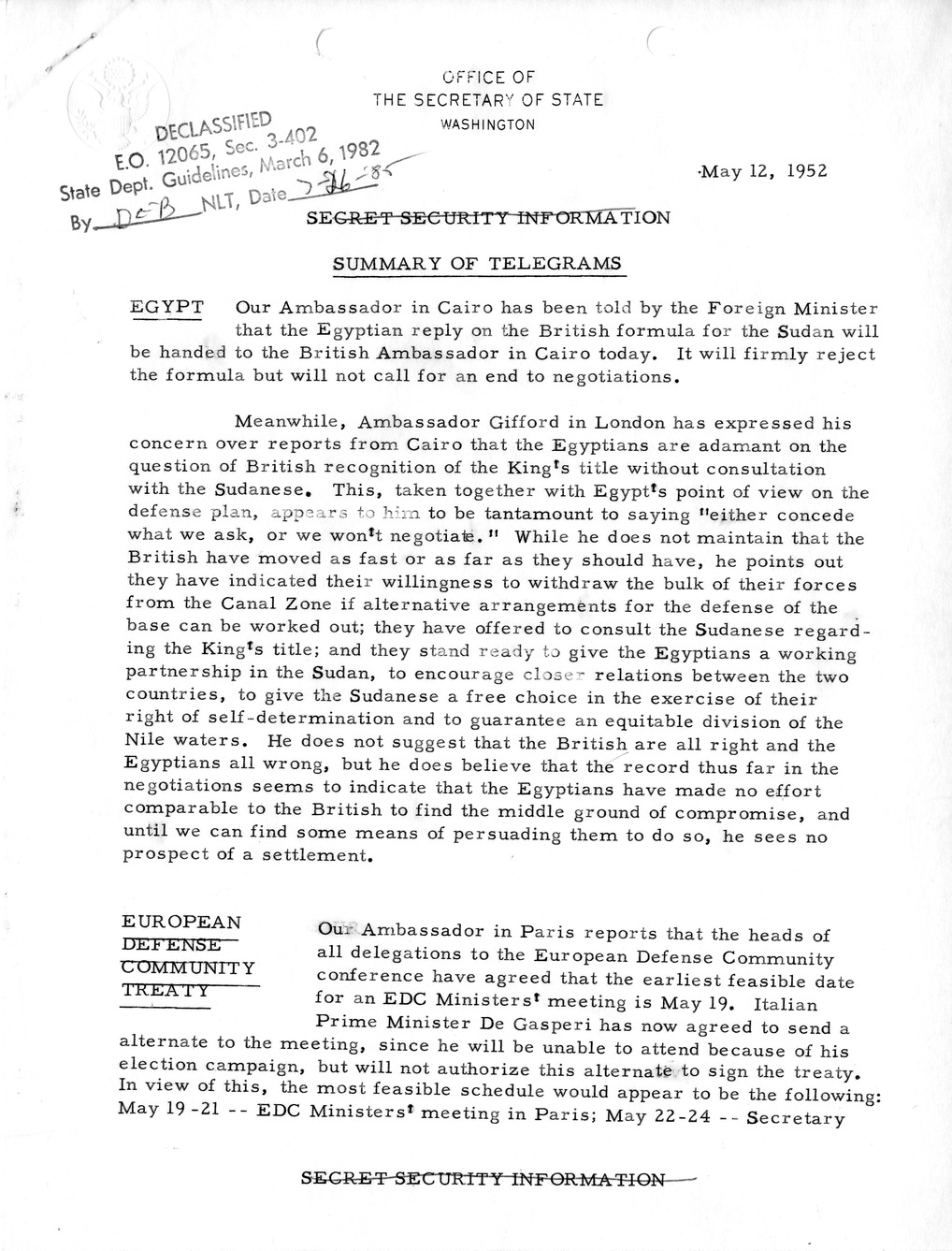 Memorandum, State Department Summary of Telegrams