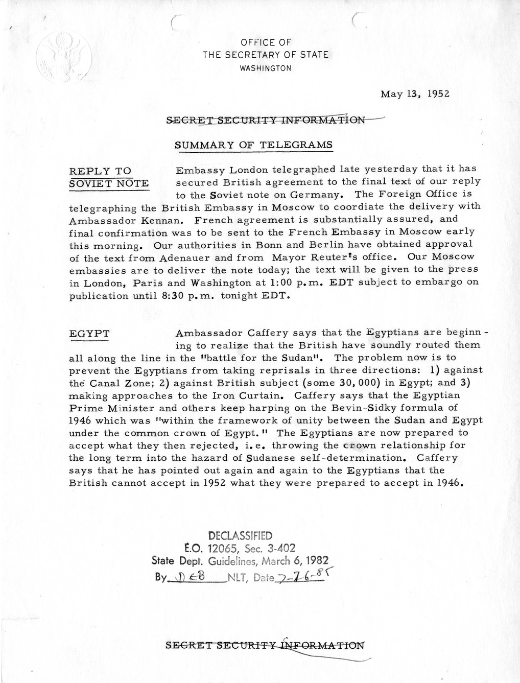 Memorandum, State Department Summary of Telegrams
