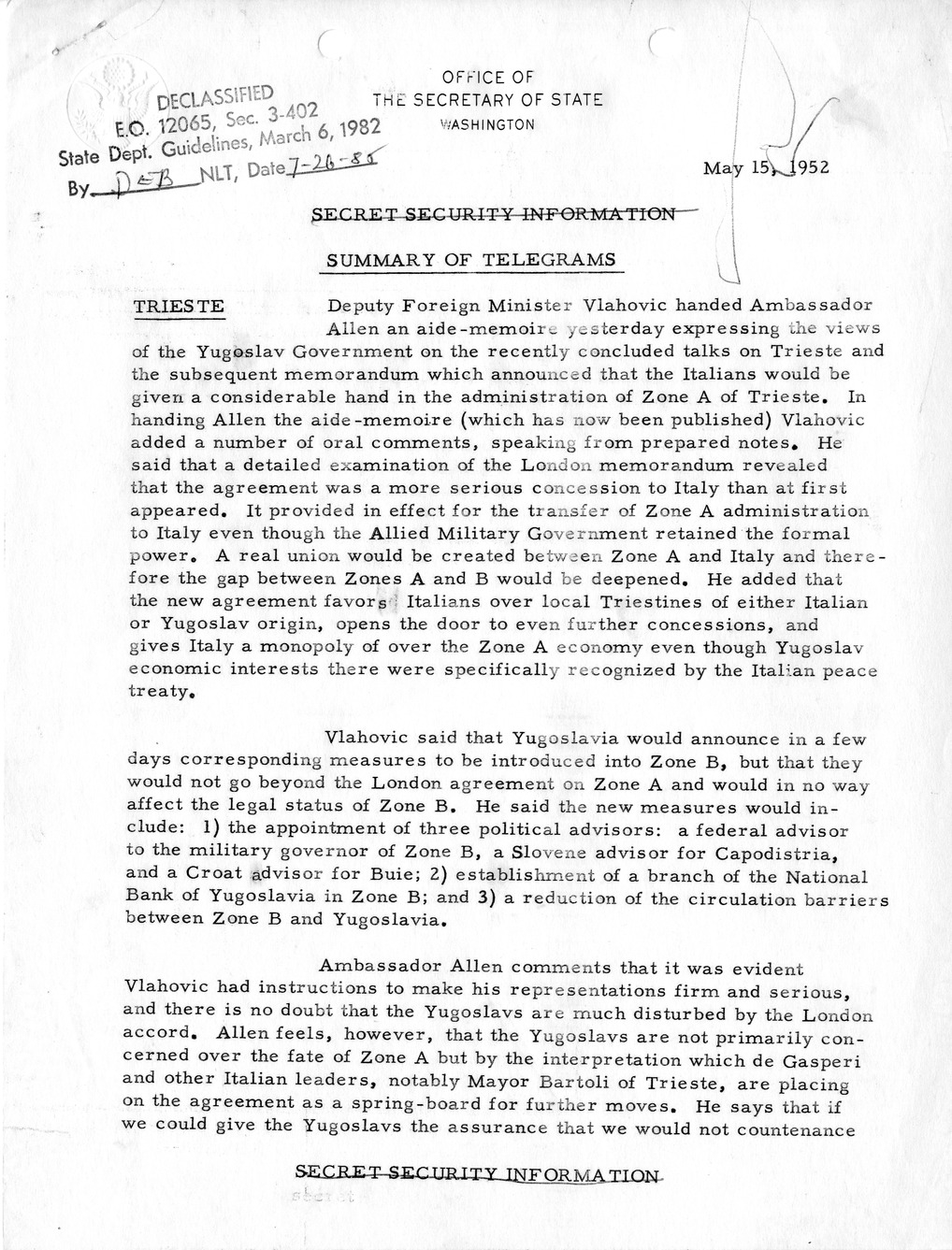 Memorandum, State Department Summary of Telegrams