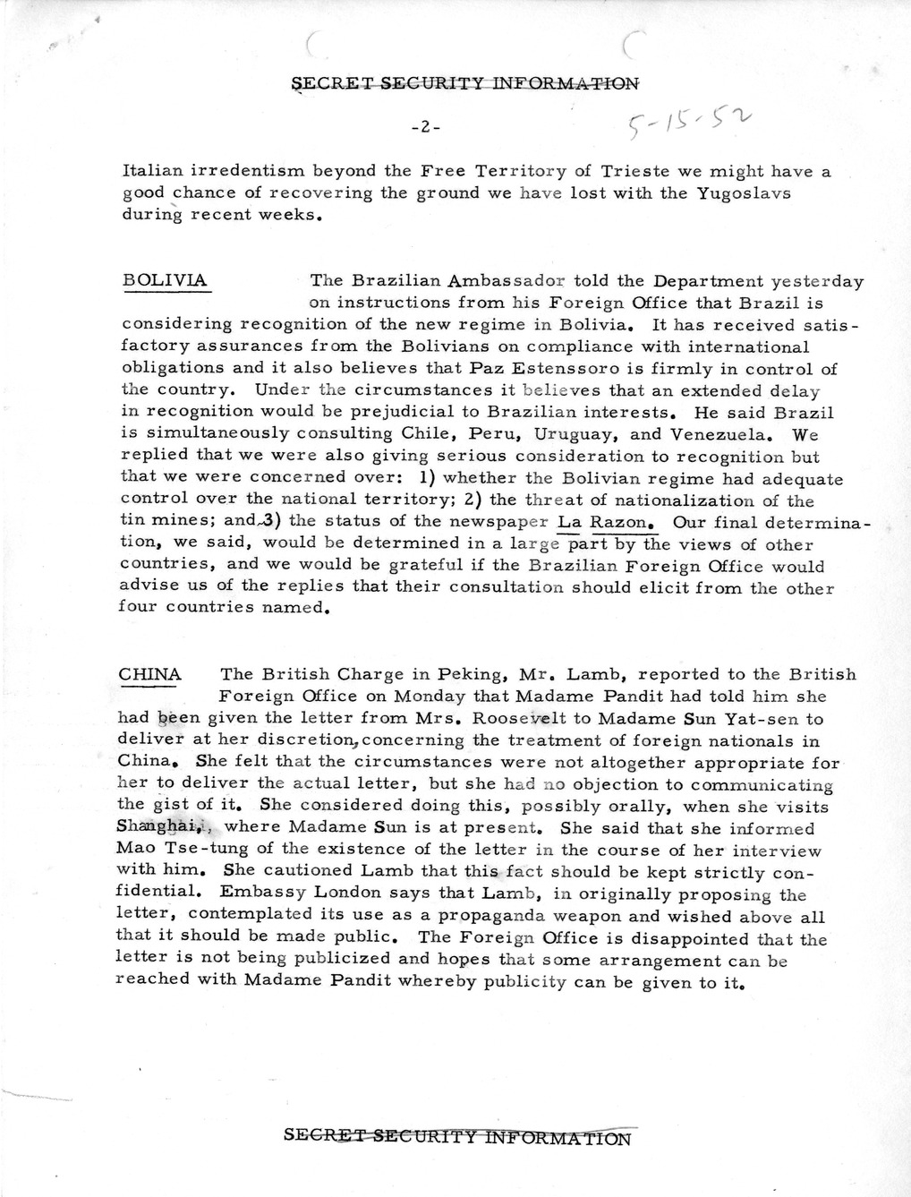 Memorandum, State Department Summary of Telegrams