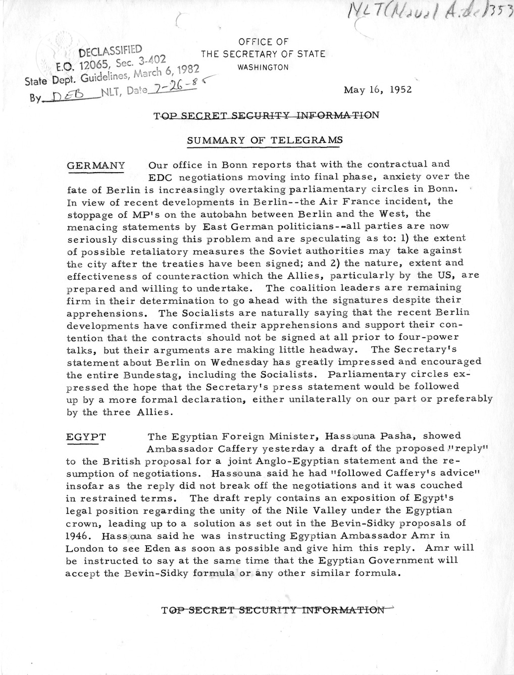 Memorandum, State Department Summary of Telegrams