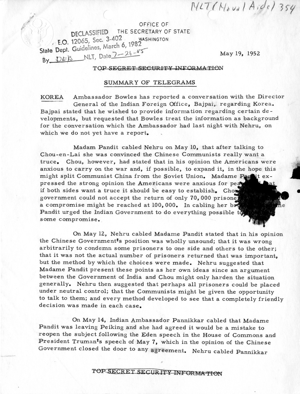 Memorandum, State Department Summary of Telegrams