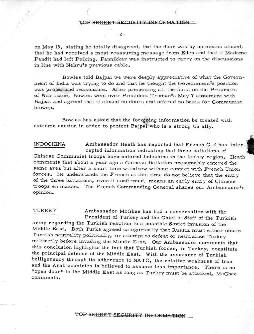 Memorandum, State Department Summary of Telegrams