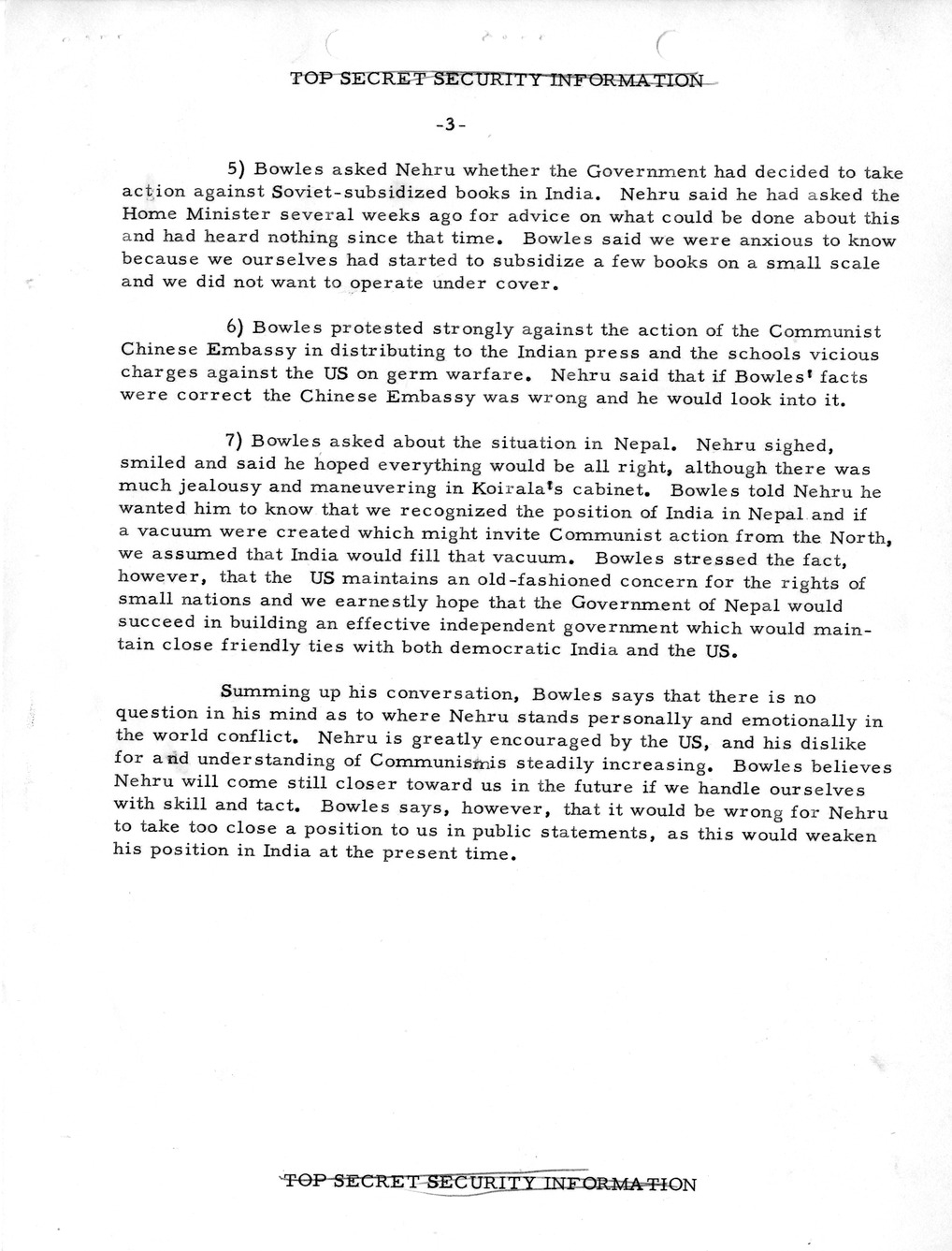 Memorandum, State Department Summary of Telegrams