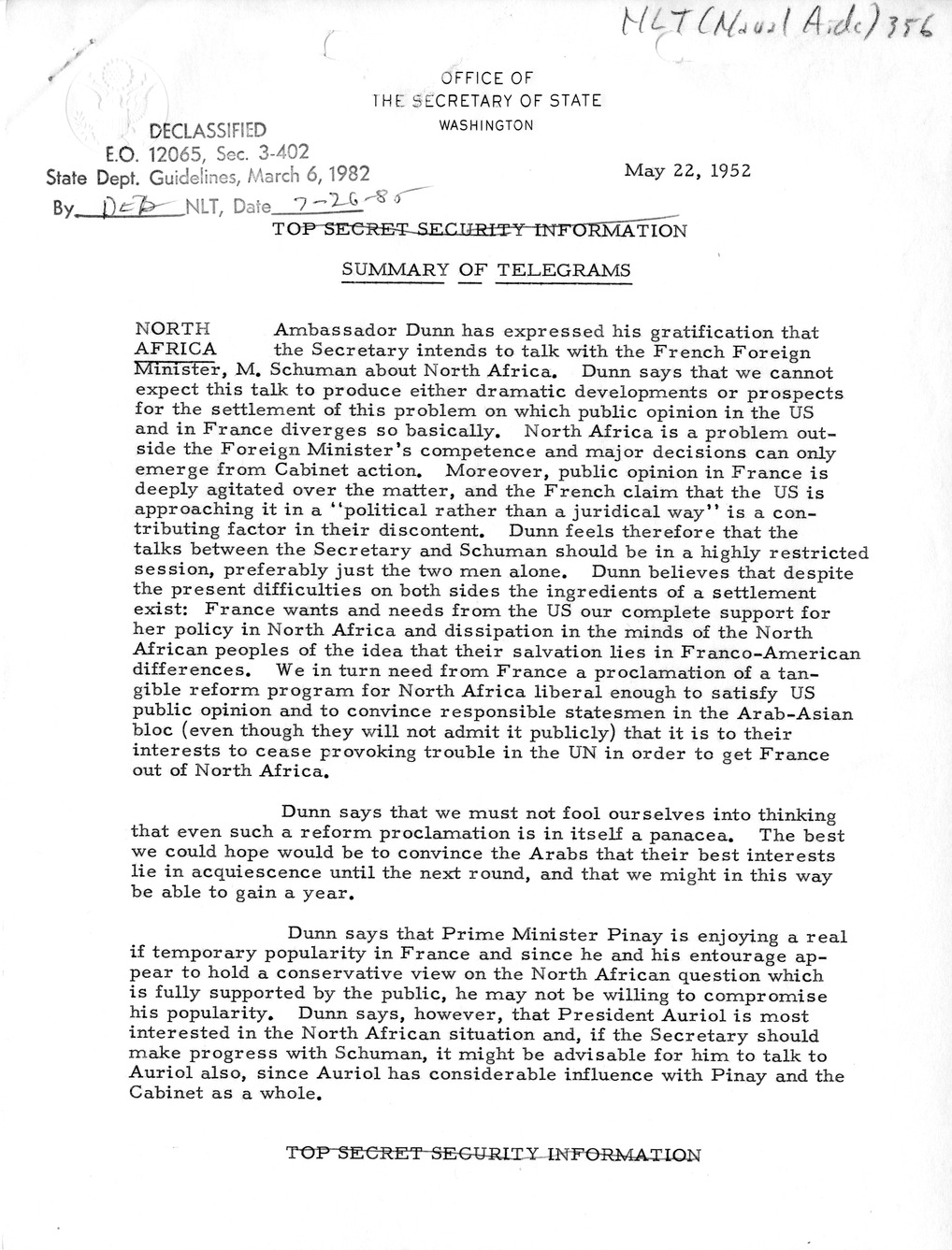 Memorandum, State Department Summary of Telegrams