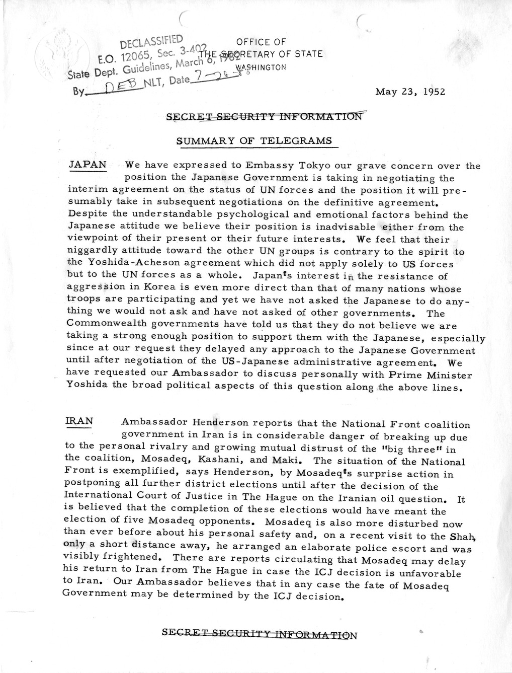 Memorandum, State Department Summary of Telegrams