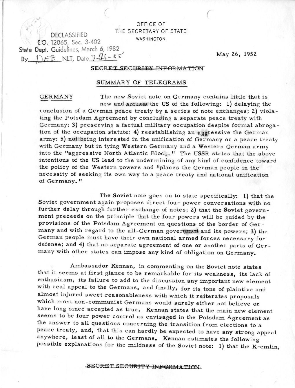 Memorandum, State Department Summary of Telegrams
