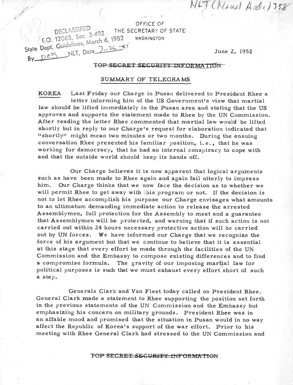 Memorandum, State Department Summary of Telegrams