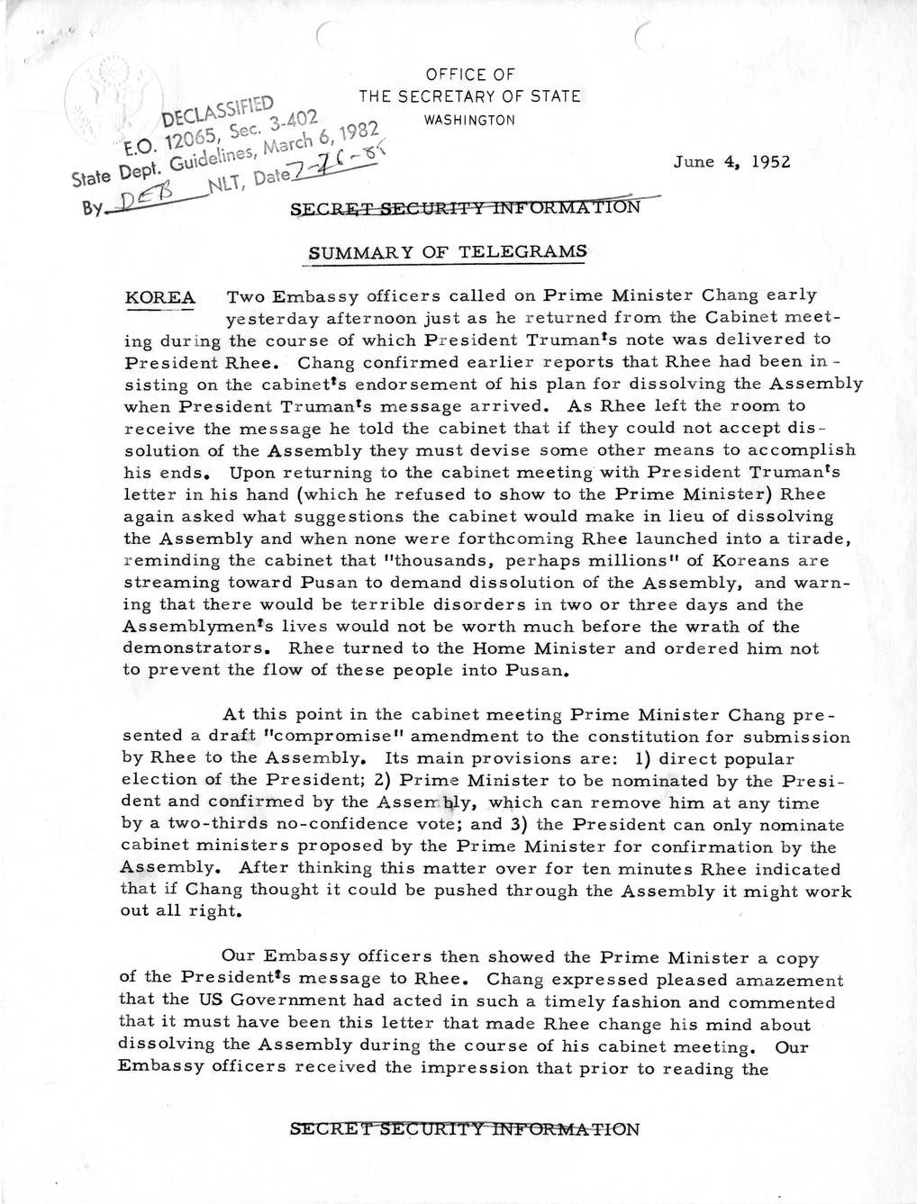 Memorandum, State Department Summary of Telegrams
