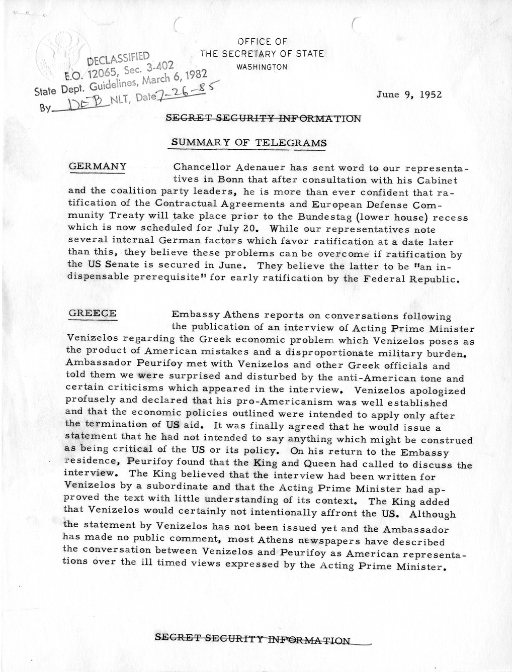 Memorandum, State Department Summary of Telegrams