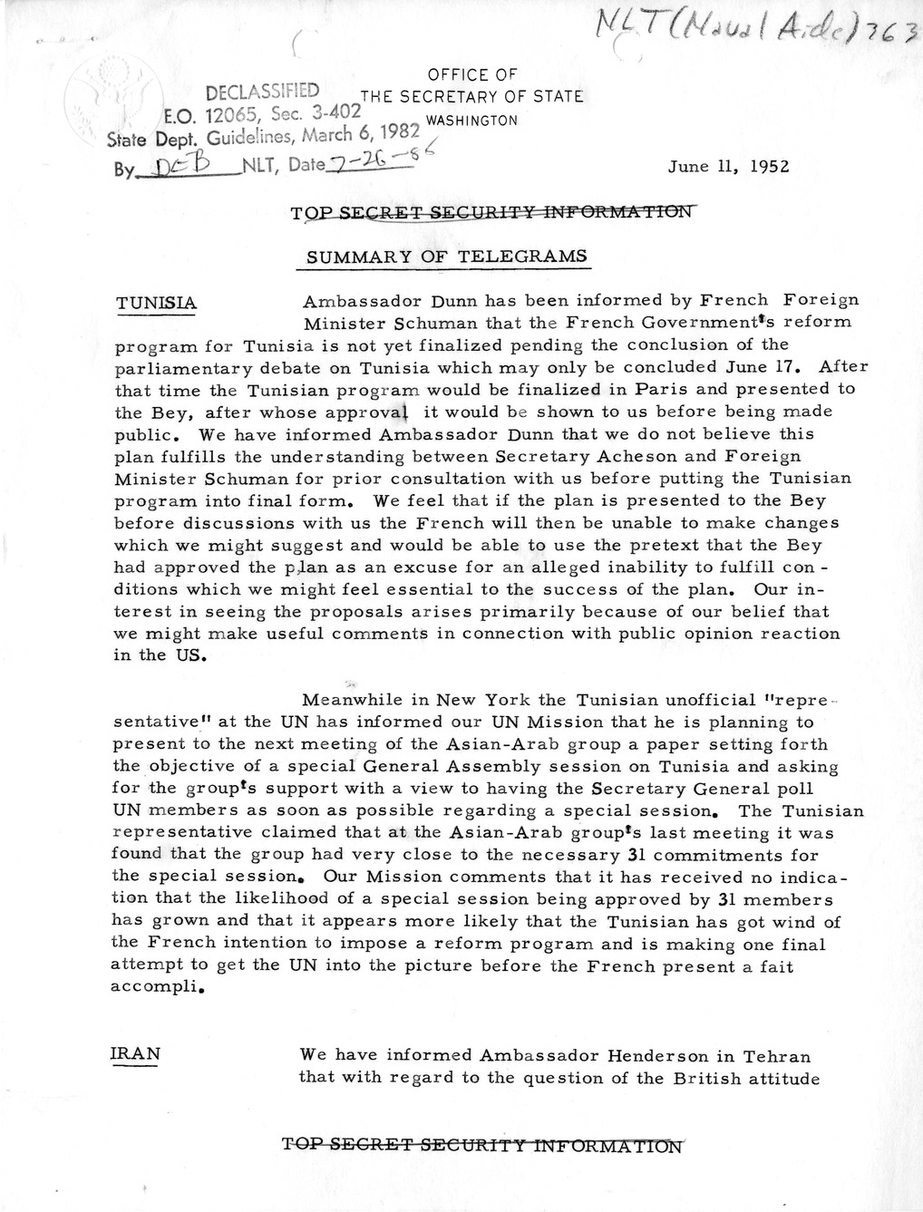 Memorandum, State Department Summary of Telegrams