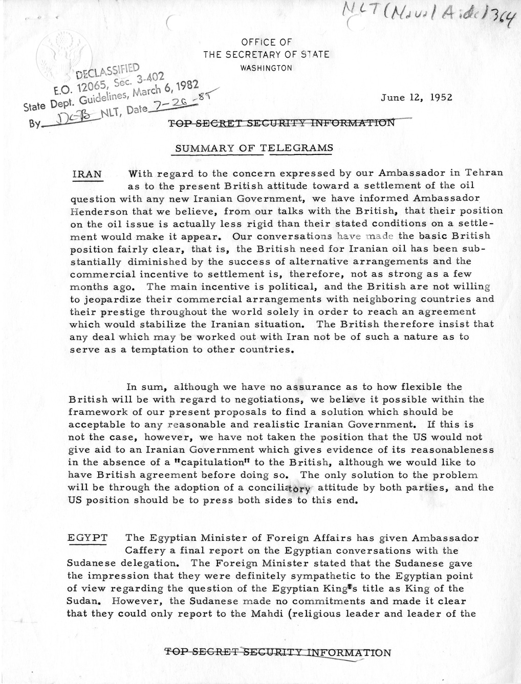 Memorandum, State Department Summary of Telegrams
