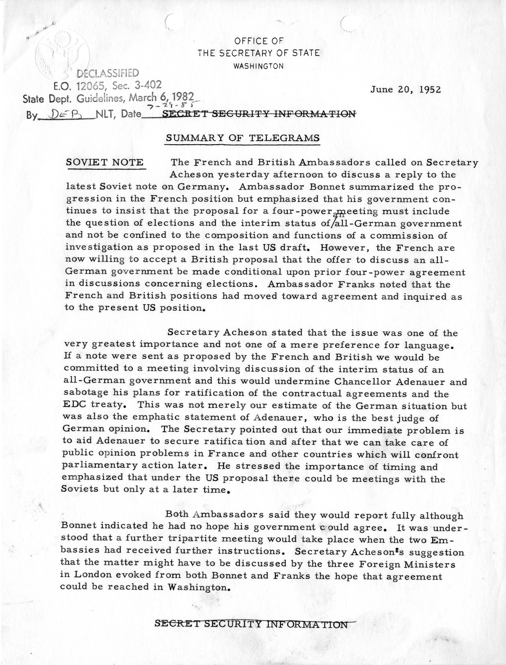 Memorandum, State Department Summary of Telegrams