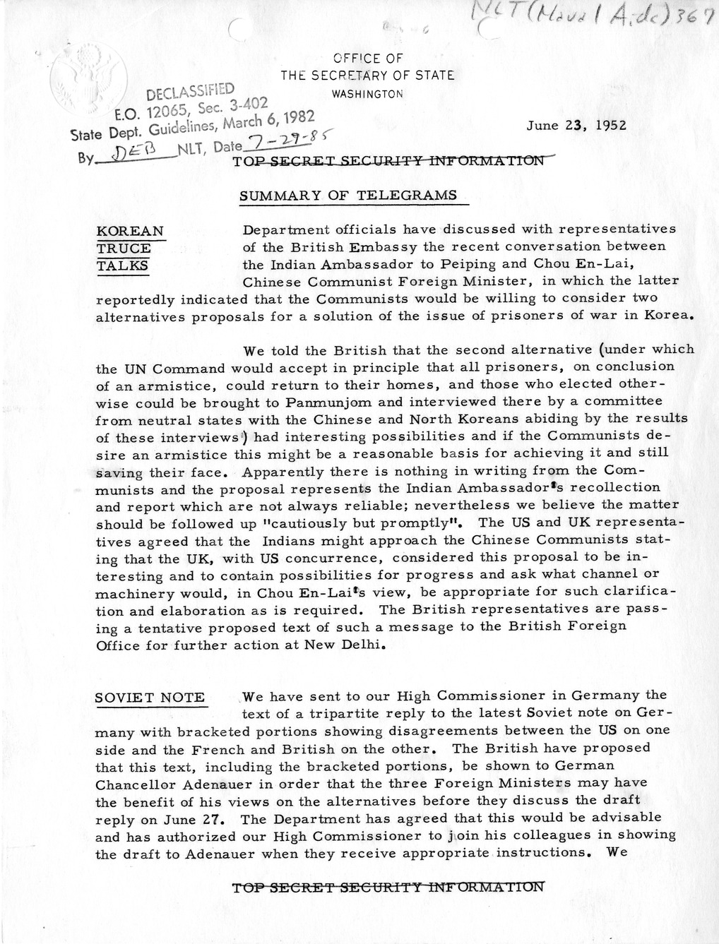 Memorandum, State Department Summary of Telegrams