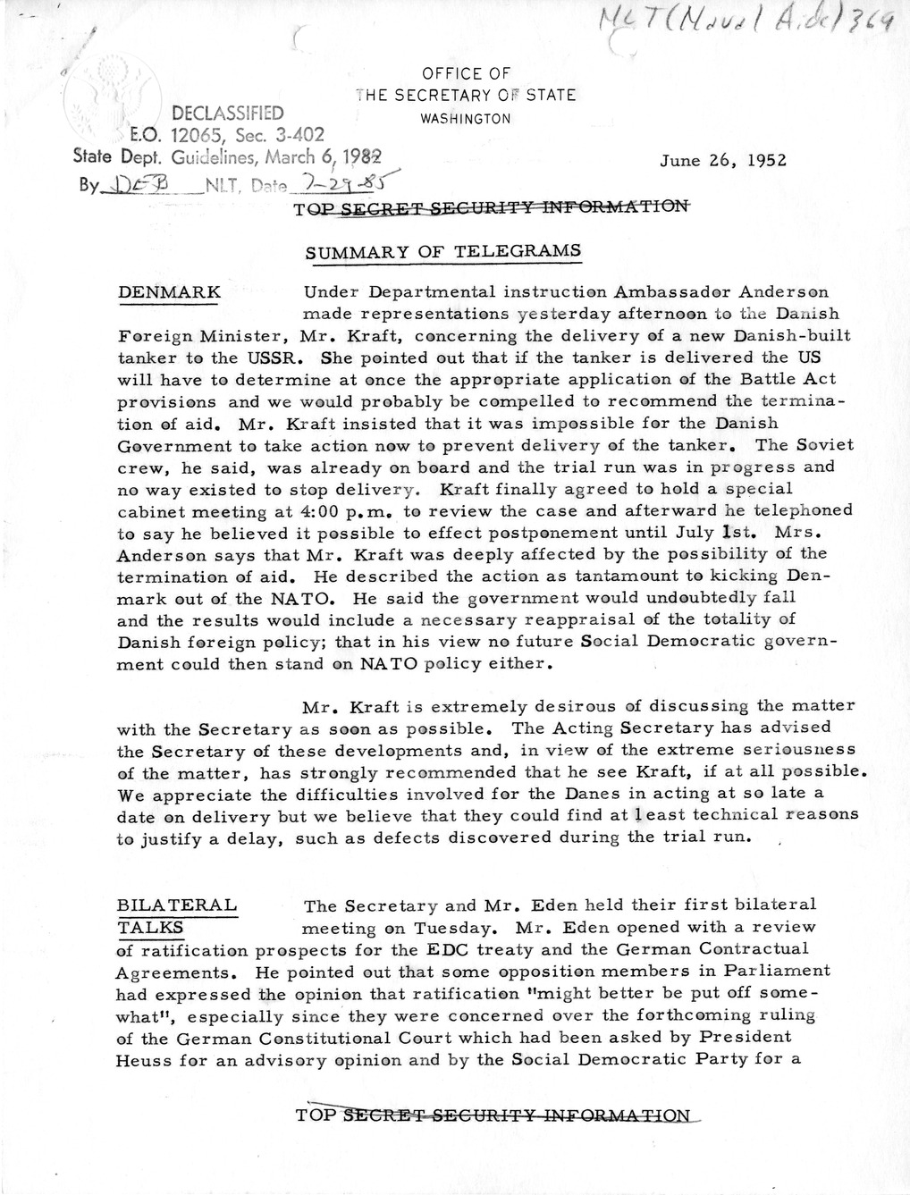 Memorandum, State Department Summary of Telegrams