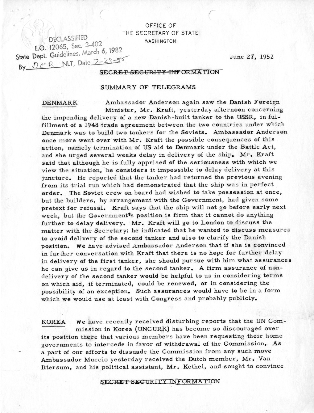 Memorandum, State Department Summary of Telegrams