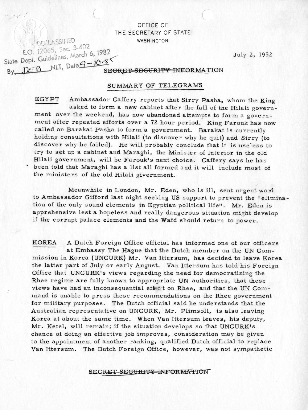Memorandum, State Department Summary of Telegrams