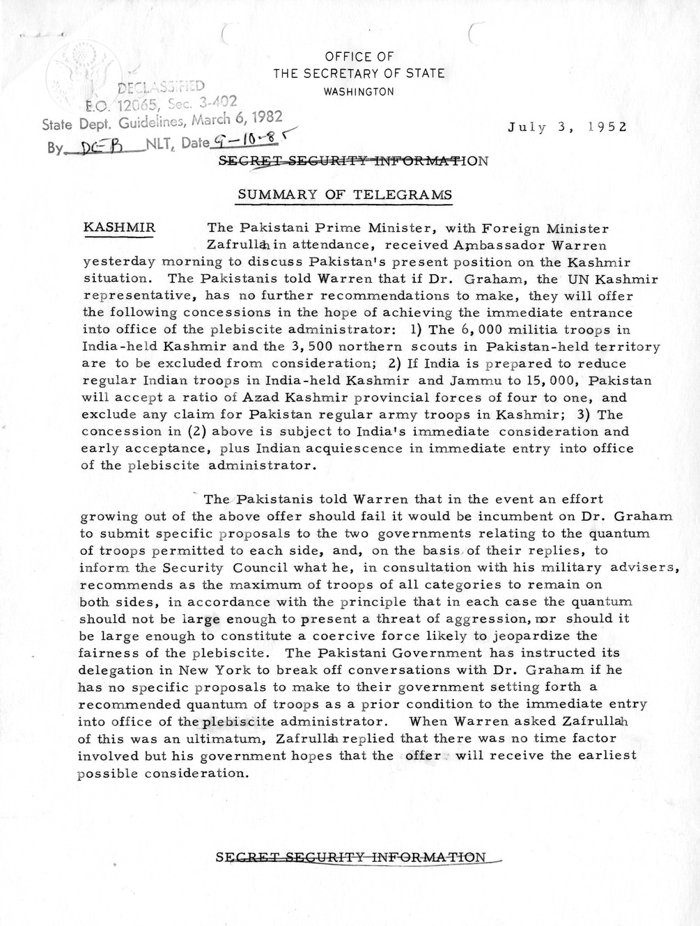 Memorandum, State Department Summary of Telegrams