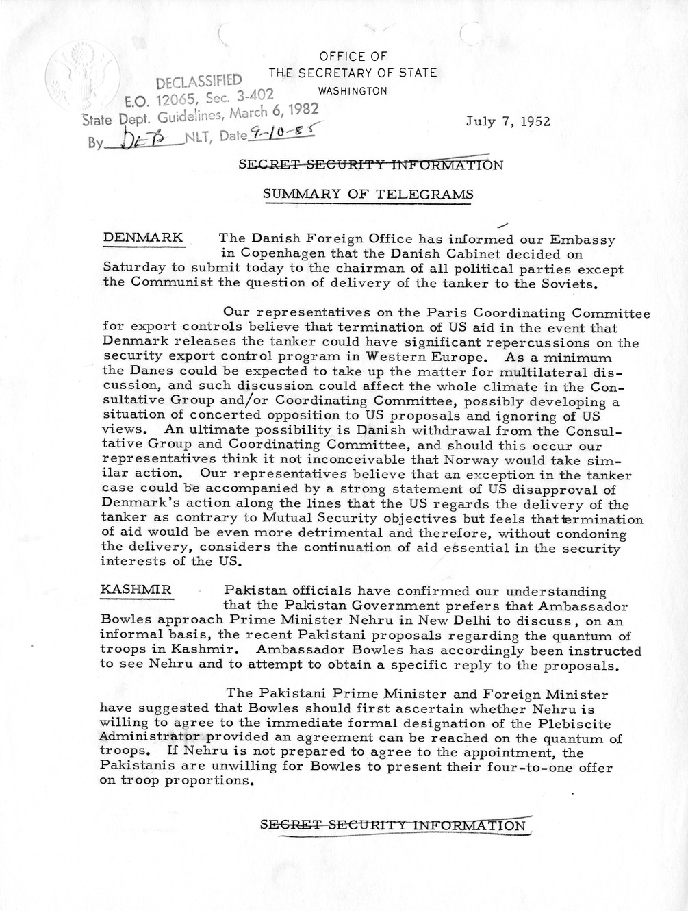 Memorandum, State Department Summary of Telegrams