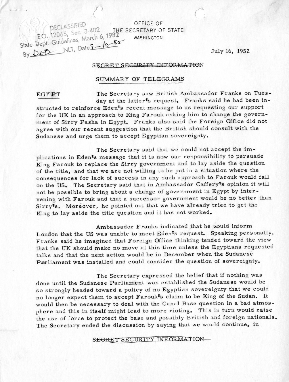 Memorandum, State Department Summary of Telegrams