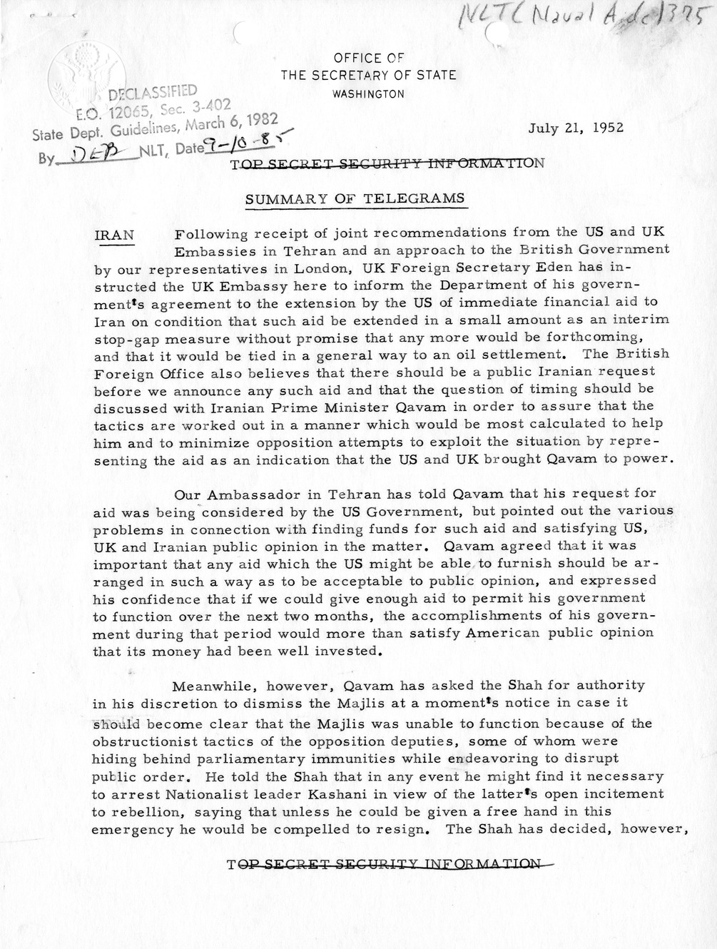 Memorandum, State Department Summary of Telegrams