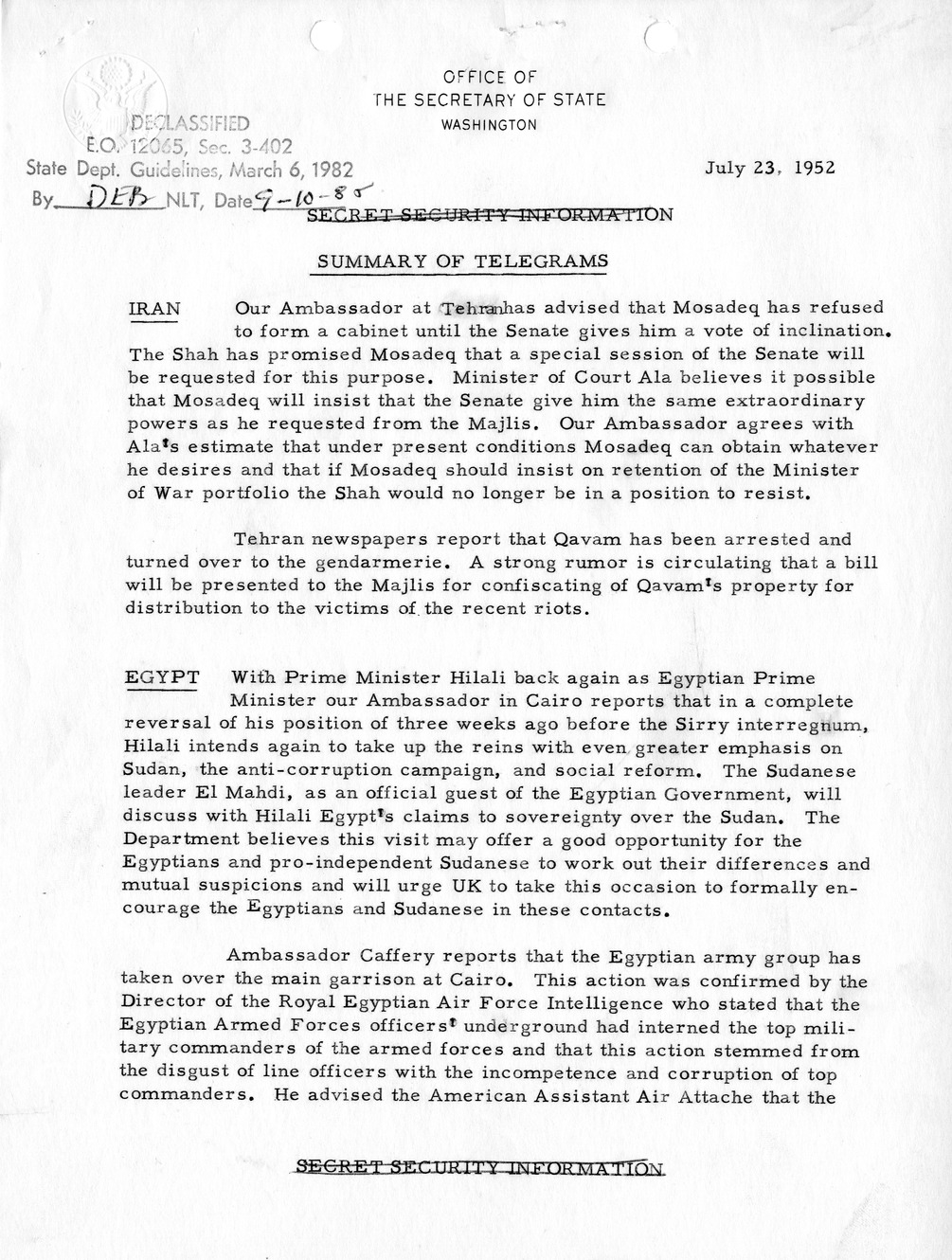 Memorandum, State Department Summary of Telegrams