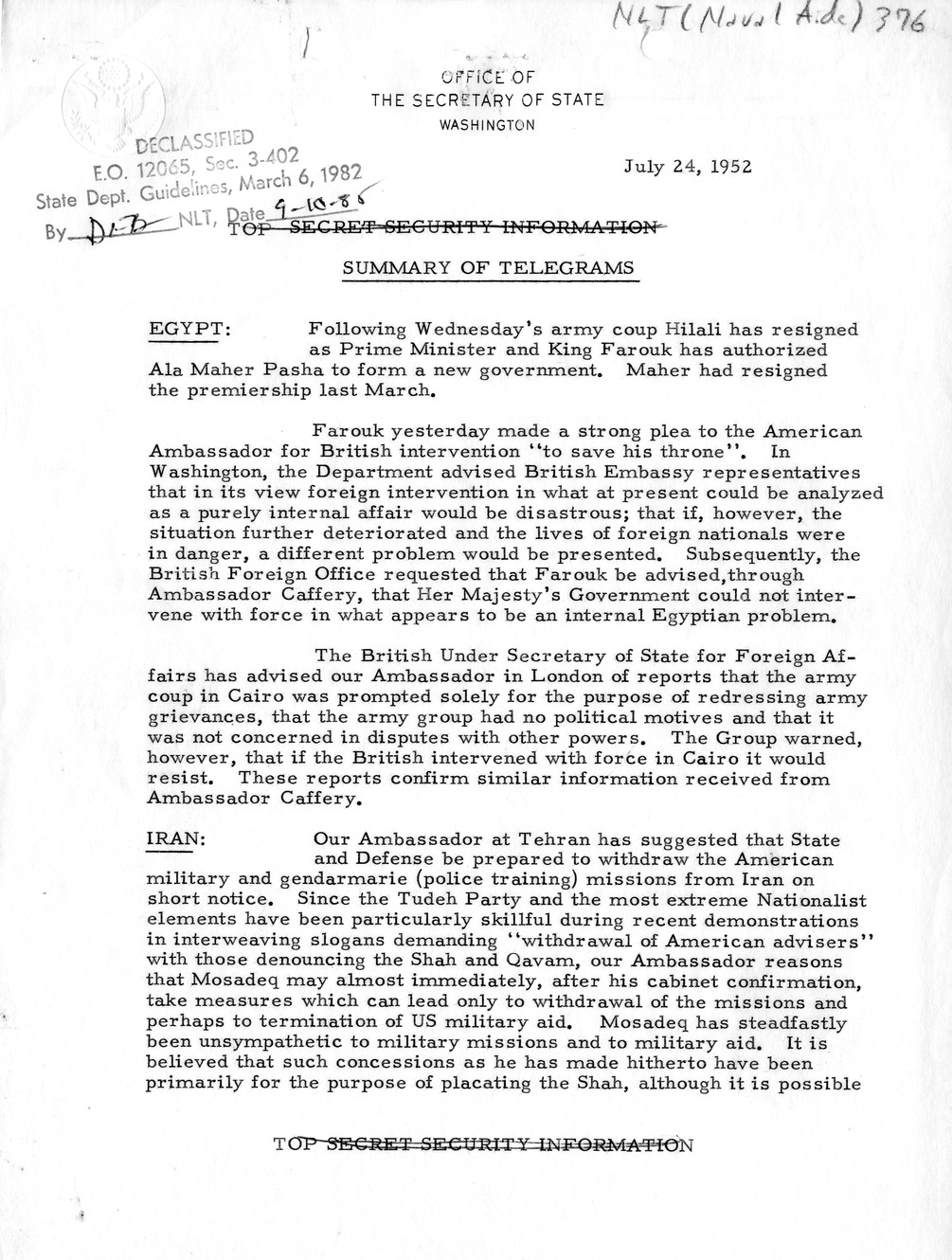 Memorandum, State Department Summary of Telegrams