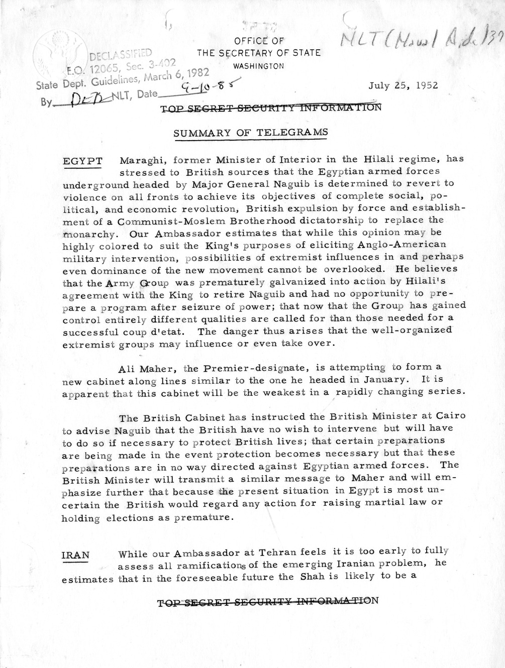Memorandum, State Department Summary of Telegrams