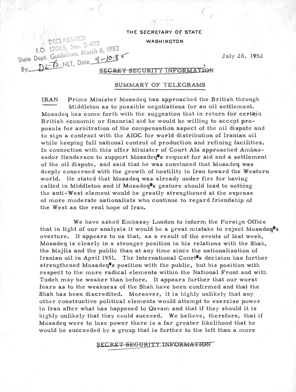 Memorandum, State Department Summary of Telegrams