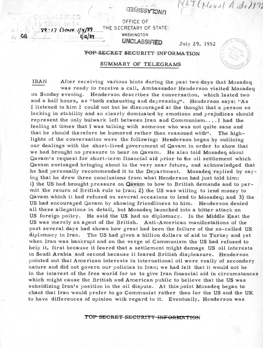 Memorandum, State Department Summary of Telegrams