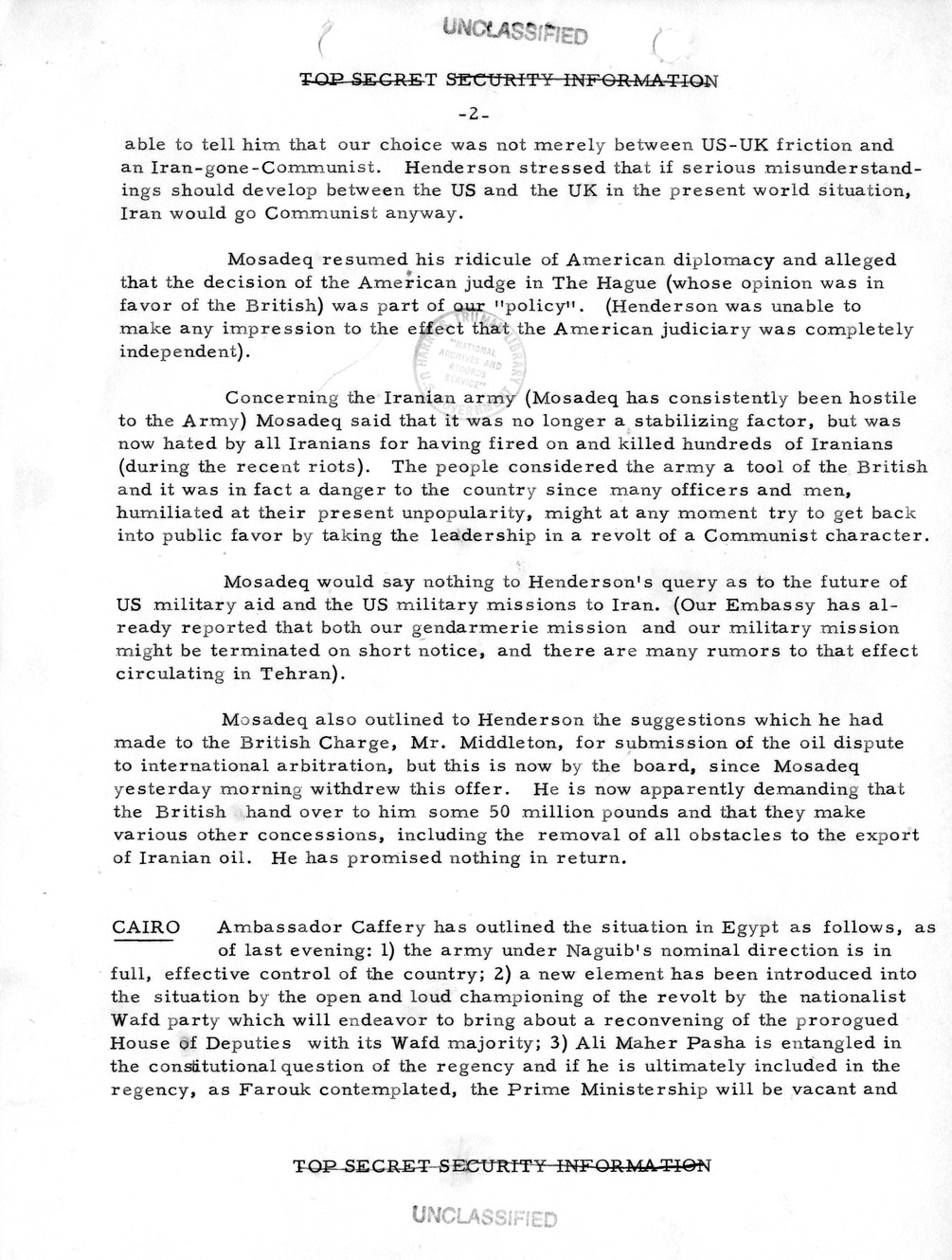 Memorandum, State Department Summary of Telegrams