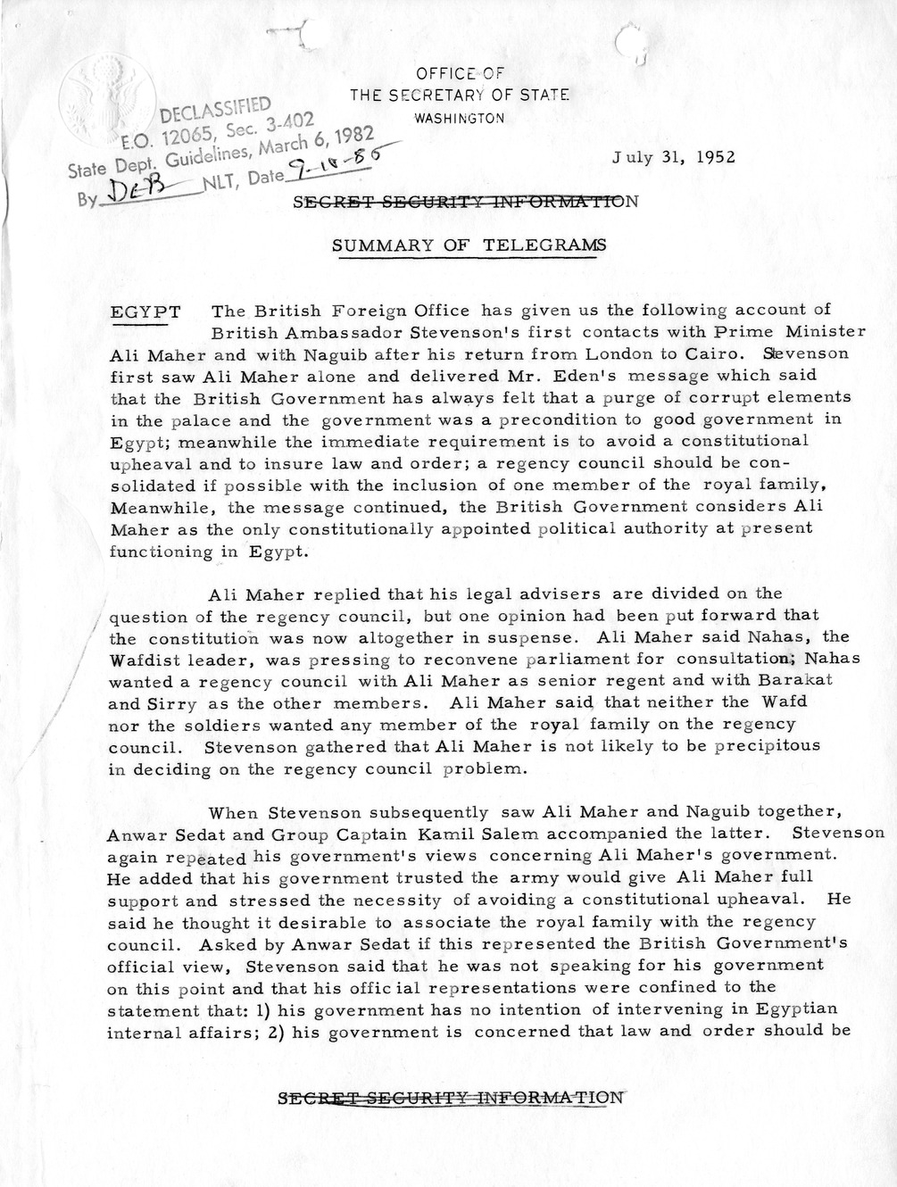 Memorandum, State Department Summary of Telegrams