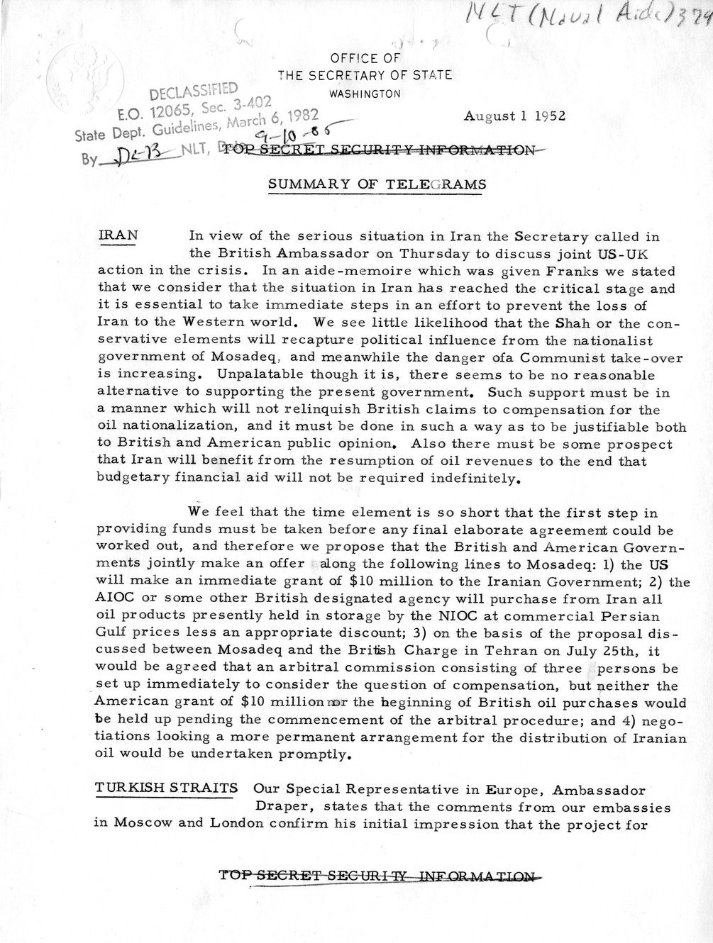 Memorandum, State Department Summary of Telegrams