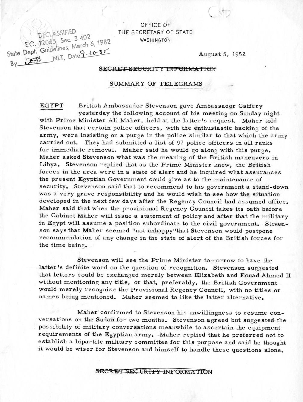 Memorandum, Department of State Summary of Telegrams
