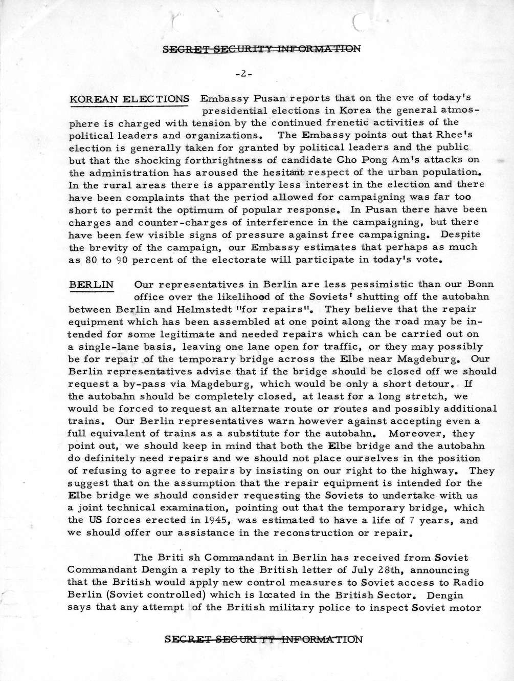 Memorandum, Department of State Summary of Telegrams
