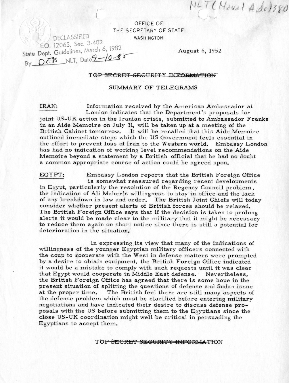 Memorandum, State Department Summary of Telegrams