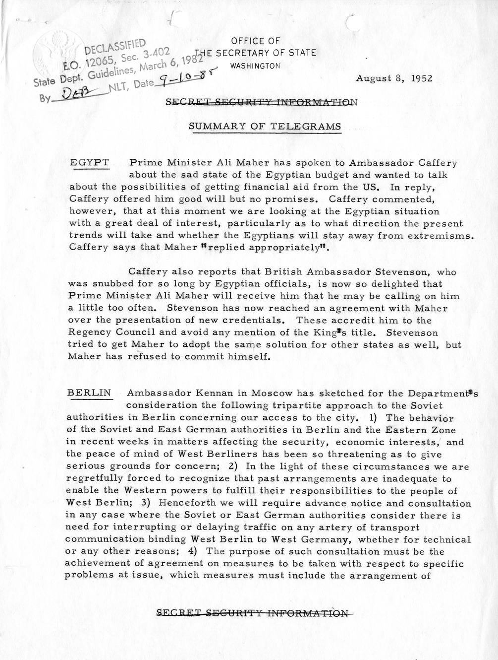 Memorandum, State Department Summary of Telegrams