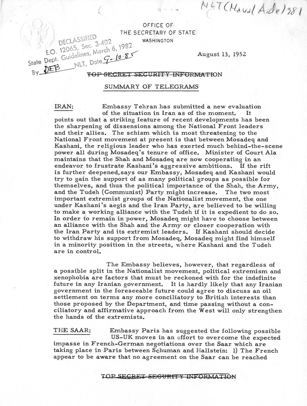 Memorandum, State Department Summary of Telegrams