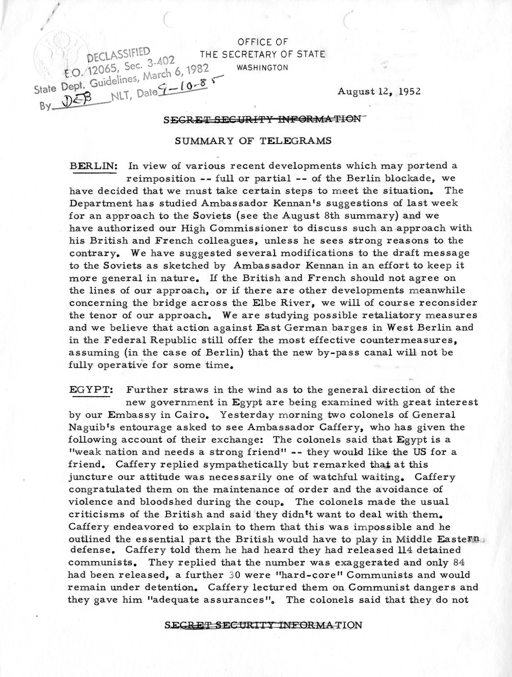 Memorandum, State Department Summary of Telegrams